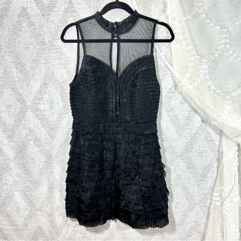Free People black tiered ruffle mini dress size 6
